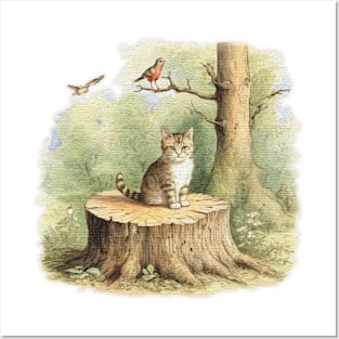 cute cat on a tree stump Posters and Art